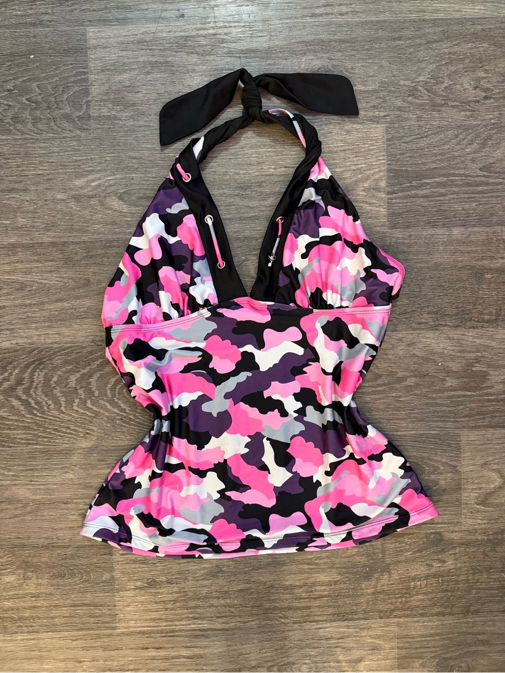 Pink & Black Y2K Camo Halter Swim Top